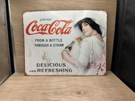 Drink Coca Cola From A Bottle Through A Straw Metal Sign - £7.91 GBP