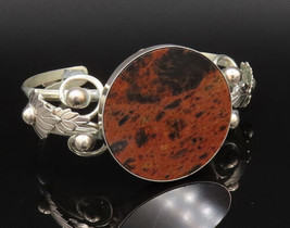 925 Silver - Vintage Beaded &amp; Etched Leaves Mahogany Obsidian Bracelet -... - £105.67 GBP