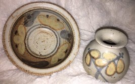 2 Vintage 1999 Shaw Pottery Small Floral Speckled Bowl &amp; Jar Stone Yello... - $26.99