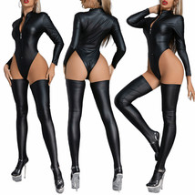 Womens Wet Look PU Leather Zipper Front Catsuit Bodysuit Jumpsuit High Stockings - £15.79 GBP