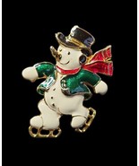 Vintage SFJ Enamel Ice Skating Snowman Holiday Christmas Brooch Pin - $21.77