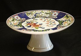 Vintage Asian Style Footed Cake Plate Cobalt Blue Floral Pattern Gold Tr... - $49.49