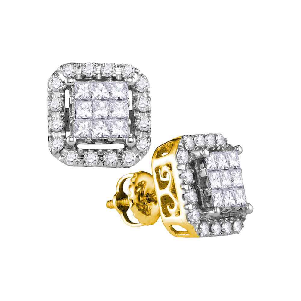 Primary image for 14k Yellow Gold Princess Diamond Square Frame Cluster Stud Earrings 1.00 Cttw