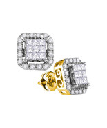 14k Yellow Gold Princess Diamond Square Frame Cluster Stud Earrings 1.00... - £1,068.24 GBP