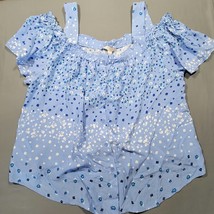 Woman Within Shirt Size M Blue Preppy Floral Cold Shoulder Scoop Neck Button Up - £8.56 GBP