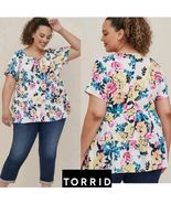 Torrid Tie Front Babydoll Tunic Textured Stretch Rayon White Floral Plus... - $452.35 MXN