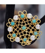 Fine Estate 18K  Yellow Gold, Natural Pearl &amp; Turquoise Cabochon Pin Brooch - $683.83 CAD