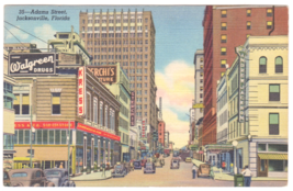 Vtg Postcard-Adams St.-Jacksonville FL-Old Cars, Signs-Street View-Linen-FL1 - £1.82 GBP