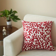 Coastal Charm Red Coral Embroidered Throw Pillow Cover- Indoor Costal Decor - £19.64 GBP