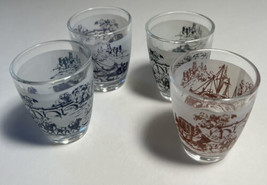 Shot Glasses 4 Vintage Scene 1 Red 3 Black on Clear Glass Horse Carriage... - $35.53