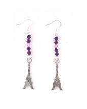 Earrings Eiffel Tower Charms Purple Pink Beads Sterling Hooks 2&quot; Long - £7.85 GBP