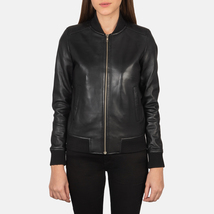 LE Bliss Women Black Leather Bomber Jacket - £109.83 GBP+