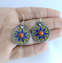 Kabyle Earrings Silver Coral Red Berber Jewelry Enamel Fashion Women Handcrafted - £37.36 GBP