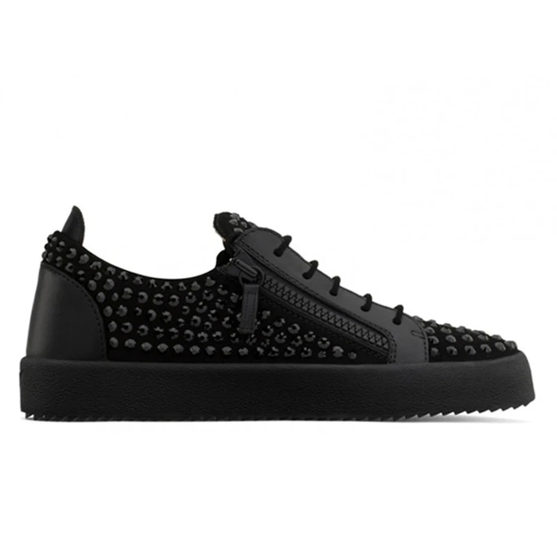  low top black rhinestone sneakers double zipper youth sport shoes male round toe flats thumb200
