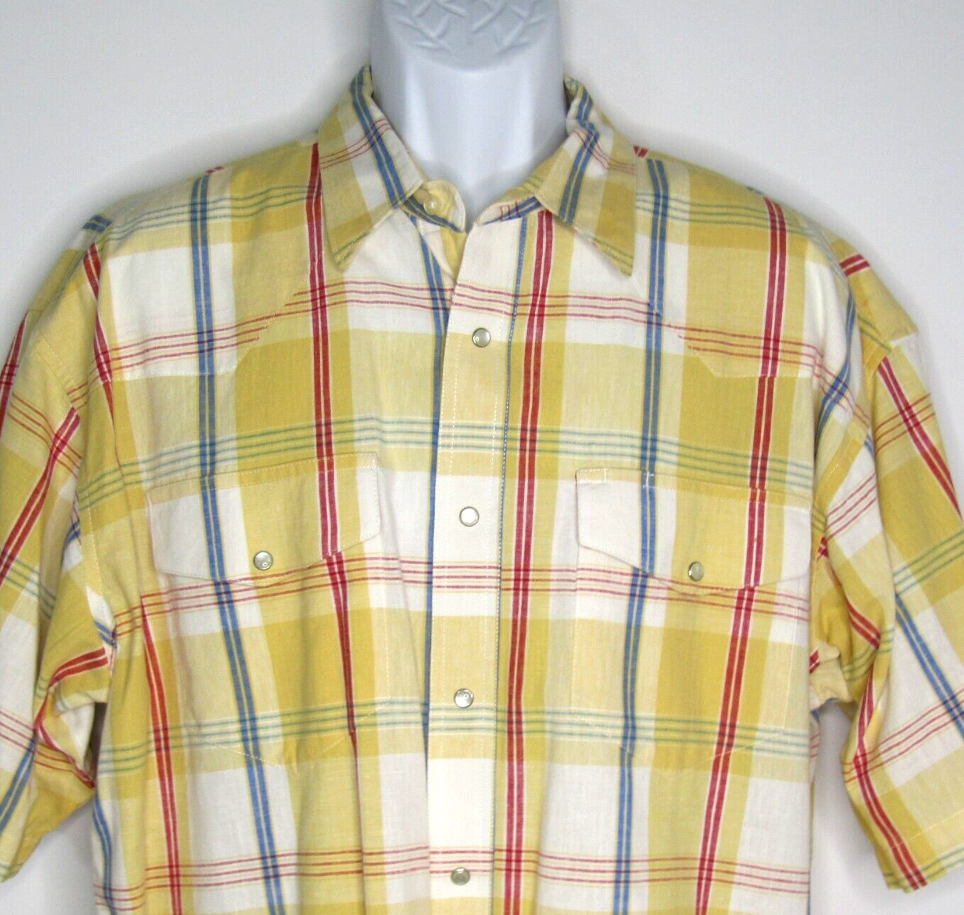 Primary image for Vintage Wrangler Western Shirt Pearl Snaps Short Sleeve Yellow Men's Size XL