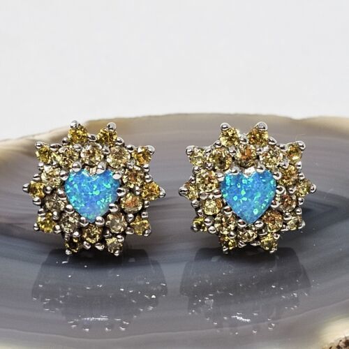 Primary image for Silver Plated Blue Faux Opal Heart & Yellow Crystal Flower Stud Earrings