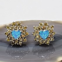 Silver Plated Blue Faux Opal Heart &amp; Yellow Crystal Flower Stud Earrings - $16.95