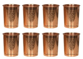 Pure Copper Water Drinking Tumbler Glass Full Embossed Health Benefits Set Of 8 - £36.45 GBP