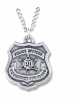 Pewter Police Officer Shield To Protect And Serve Cross Medal Necklace Chain - £39.08 GBP