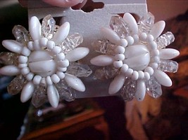 Vintage Goldtone Crystal White Bead Clip Earrings - $11.99