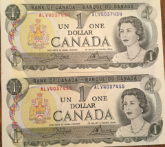 1973 BANK OF CANADA 1$ - Lot of 2 Consecutive notes - £10.37 GBP