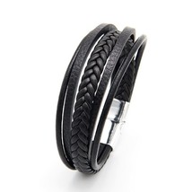 New Men’s Black Multi Layer Faux Leather Magnetic Clasp Bracelet - £7.91 GBP