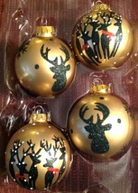 Christmas Ornament Set 4 Blown Glass Ball Gold Black Glittery Reindeer - £13.25 GBP