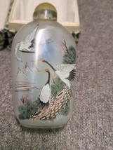 Vintage or Antique Chinese Reverse Painted Glass Snuff Bottle Cranes &amp; Peacocks - £70.96 GBP