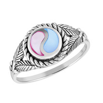 Leaf Embrace Soulful Yin-Yang Pink-Blue Mother of Pearl Sterling Silver Ring-8 - £17.39 GBP
