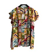 Rose + Olive Top 2X Patchwork Bird Print Chiffon Button Down Flutter Sleeve - $509.02 MXN