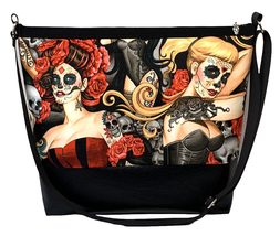 Sugar Skull Day Of Dead Pinup Girl Large Purse w/Vinyl - Burlesque Tattoo Roses - £20.88 GBP