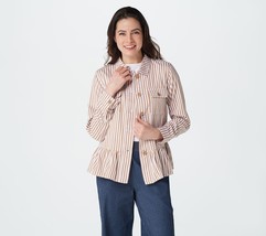 Denim &amp; Co. YD Stripe Point Collar Button Front Peplum Jacket Warm Tan Size 2X - £19.06 GBP