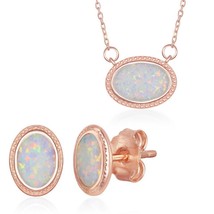 Sterling Silver White Inlay Opal Studded Border Oval Necklace Earrings Set - $71.24