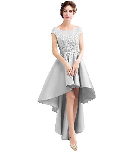 Sheer Cap Sleeves Bateau Lace High Low Prom Homecoming Party Dress Silver US 4