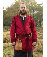 Viking Klappenrock Medieval Coat with Trim – Red, Lined Cotton - $79.99