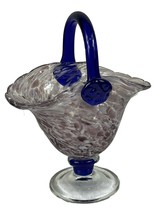 FENTON Art Glass BASKET Colbalt Blue Handle w Purple &amp; White Swirl Workman Mark - £35.76 GBP