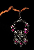 Pink Rhinestone Hoop Earrings Butterfly Flower Dangle Drop Boho 80s 90s Vintage - £12.17 GBP