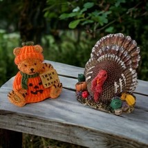 Thanksgiving Fall Turkey Bear Figures Lot x 2 Autumn Vintage 90s Halloween Resin - £14.72 GBP