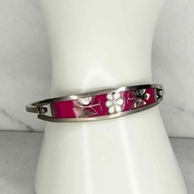 Vintage Mexico Silver Tone Abalone Butterfly Flower Pink Hinge Bangle Br... - $24.74