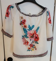 Womens S Umgee White with Vibrant Multicolor Floral Print Peasant Shirt Blouse - £14.75 GBP