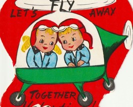 Let&#39;s Fly Away Valentine! Boy &amp; Girl in Helicopter Vintage Card - £5.25 GBP