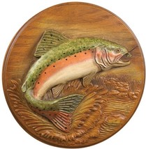 Wall Plaque Art MOUNTAIN Lodge Jumping Rainbow Trout Fish Multi-Color Resin - £148.67 GBP