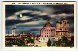 Night Time Scene Of Asheville North Carolina Linen Postcard Unused City Hall NC - £12.53 GBP