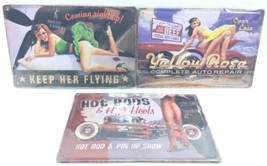 Lot of 3 Girls 3D Tin Metal Sign Hot Rods Keep Her Flying &amp; Yellow Rose ... - $27.72