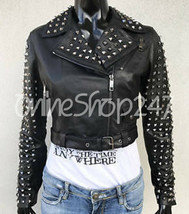 New Women Black Punk Full Stylish Silver Studded Brando Belted Leather Jacket - £223.81 GBP