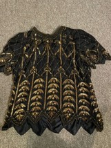 Vtg Women&#39;s Laurence Kazar Beaded Sequin Floral Shirt Top Silk Black Gold Sz L - £117.16 GBP