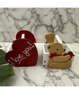 Dakin Vintage 80s Valentine Love Theme Mini Wood Baskets Hearts Bears - $15.83