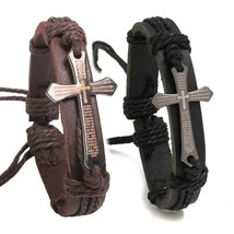 Mens Unisex Bible Cross Leather Bracelet Wristband Fashion Jewelry Black Brown - £5.10 GBP