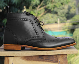 Handmade Men&#39;s Black Leather Chukka Boots, Men Wingtip Brogue Lace Up Dress Boot - £127.86 GBP+