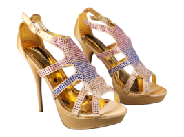 5.5&quot; Gold Open Peep Toe Exotic Wear Stiletto High Heels Platform Pumps Bedazzled - £18.95 GBP